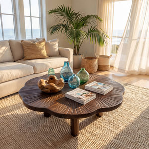 Sculptural Round Coffee Table with Carved Texture Top