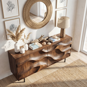 Sculpted Wave Front Solid Wood Sideboard Cabinet