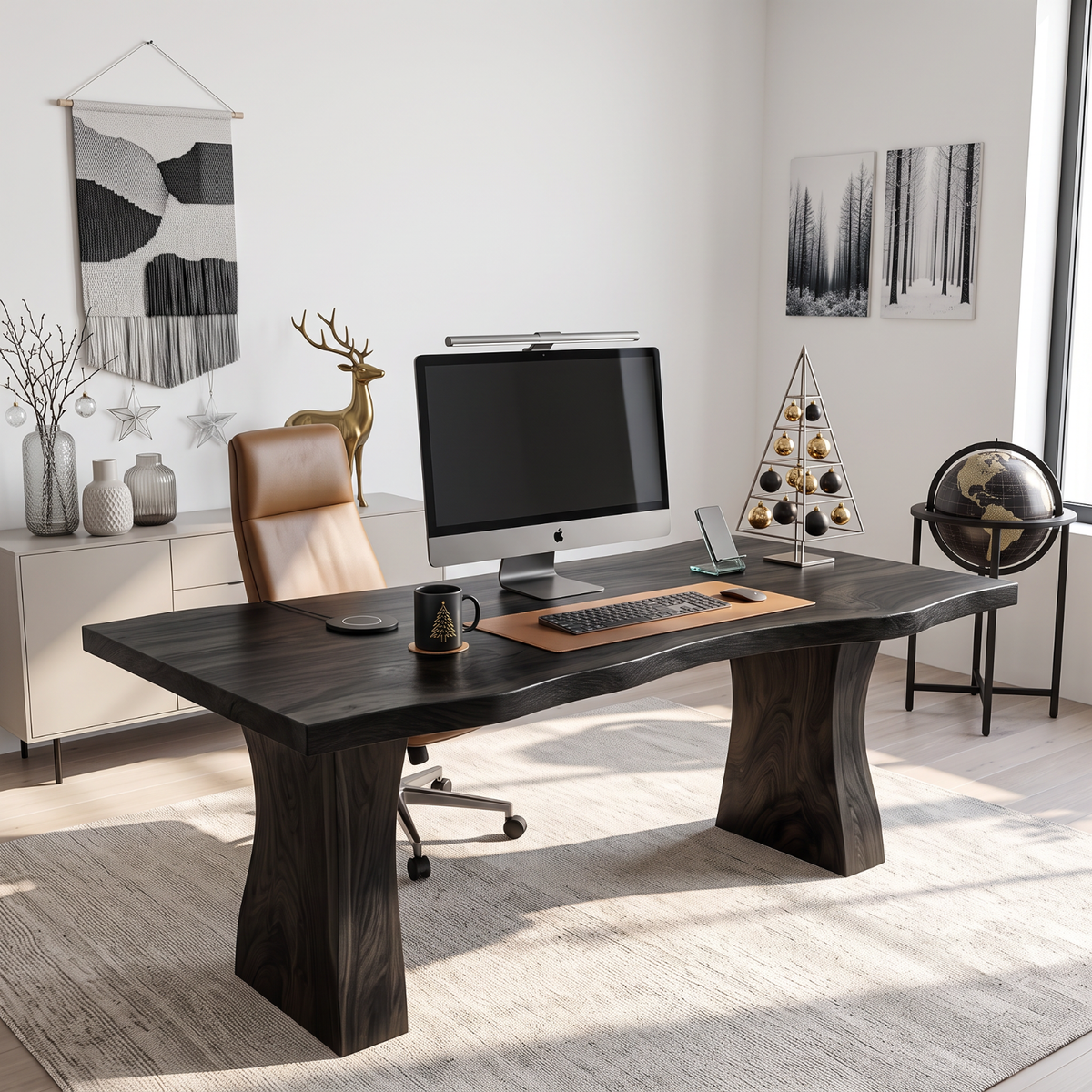 Handcrafted Live Edge Solid Wood Desk with Tapered Pedestal Legs