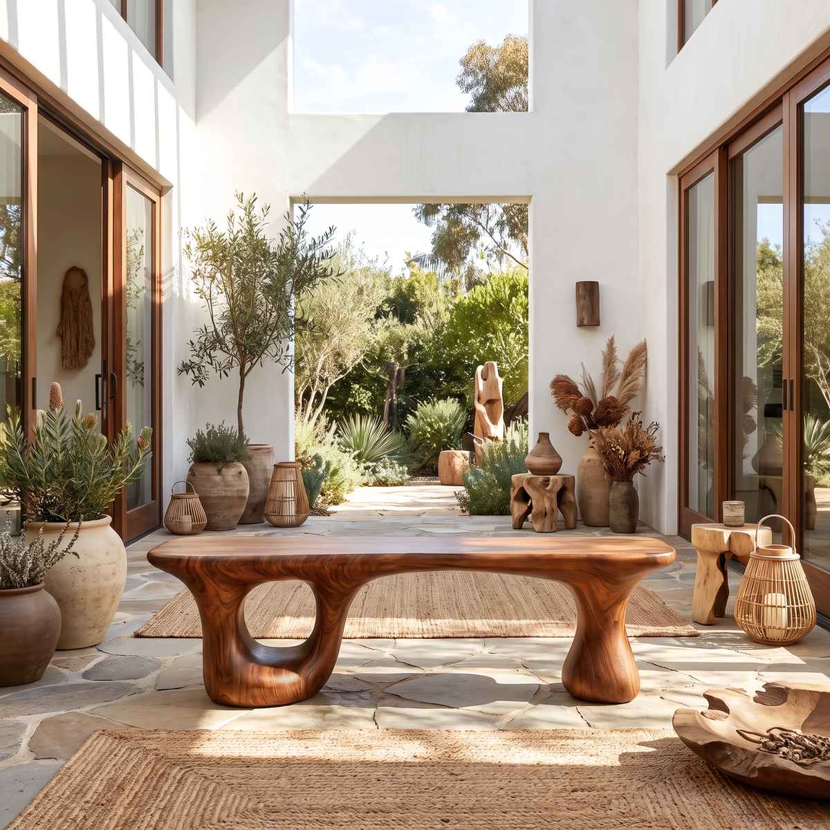 Bench Solid Wood with Sculptural Loop and Pedestal Base with Flowing Live Edge Seat