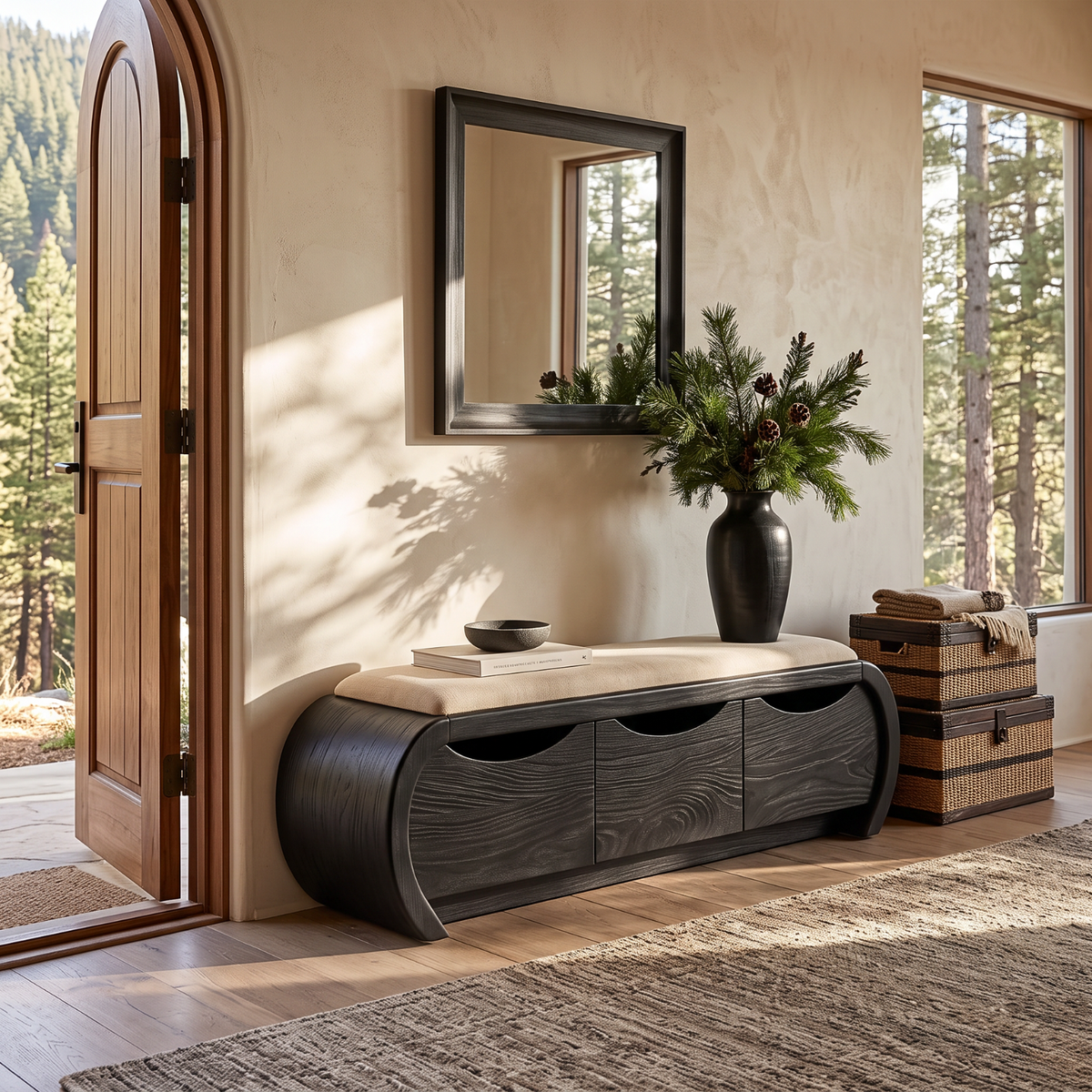 Curved Solid Wood Shoe Cabinet Bench with Three Hidden Storage Compartments