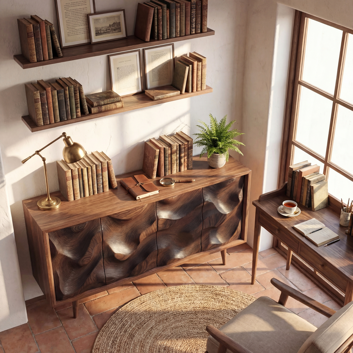 Carved Wave Front Solid Wood Sideboard Cabinet for Living and Dining