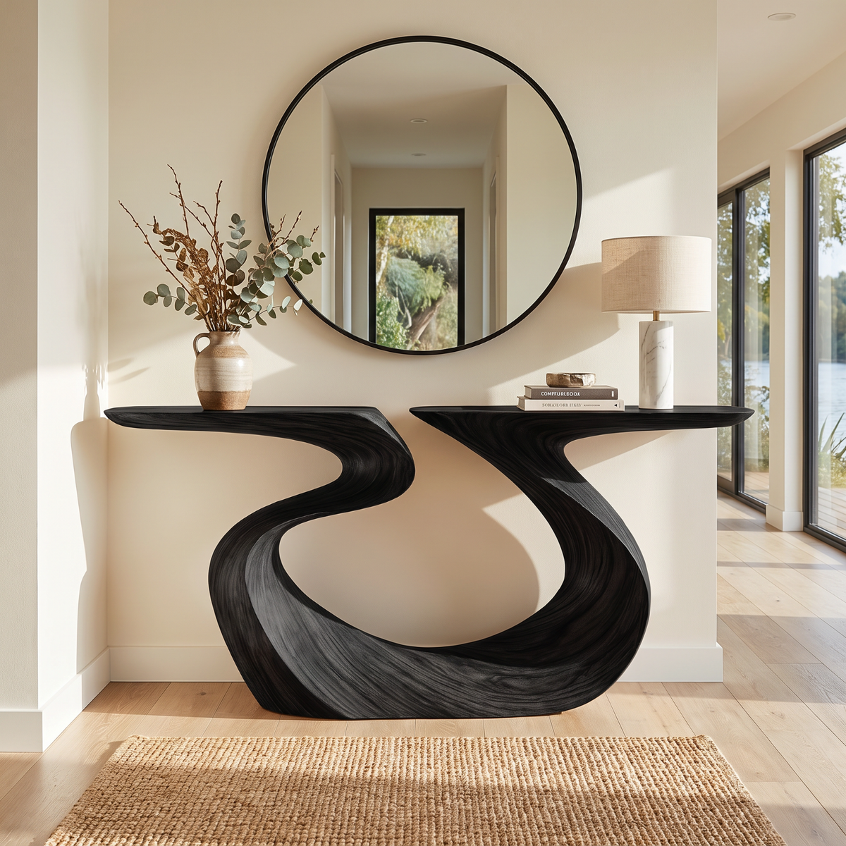Artistic Solid Wood Console Table with Ribbon Curves and Split Top