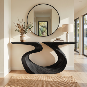 Artistic Solid Wood Console Table with Ribbon Curves and Split Top
