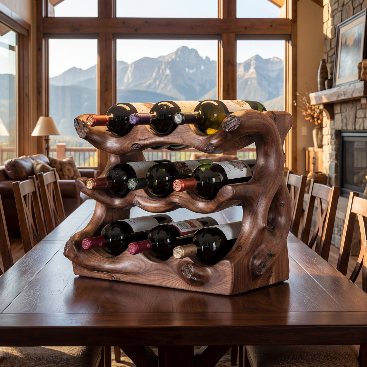 Rustic Solid Wood Wine Rack Natural Edge Bottle Holder Multi Tier Dining Table Display