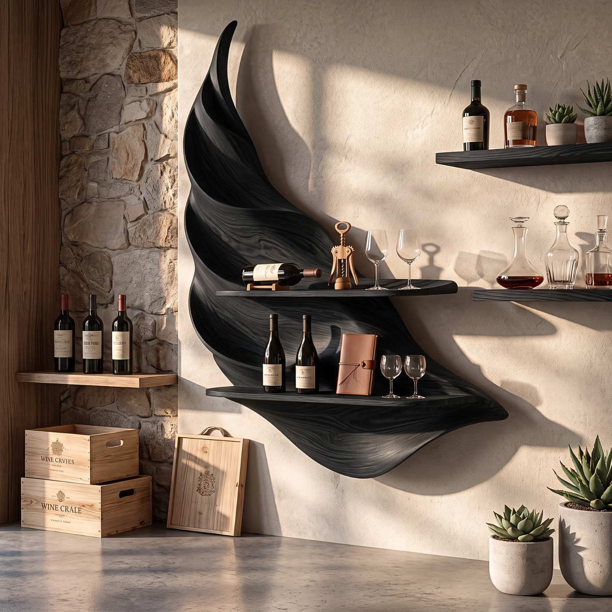 Twisting Leaf Solid Wood Wall Wine Holder with Two Display Shelves