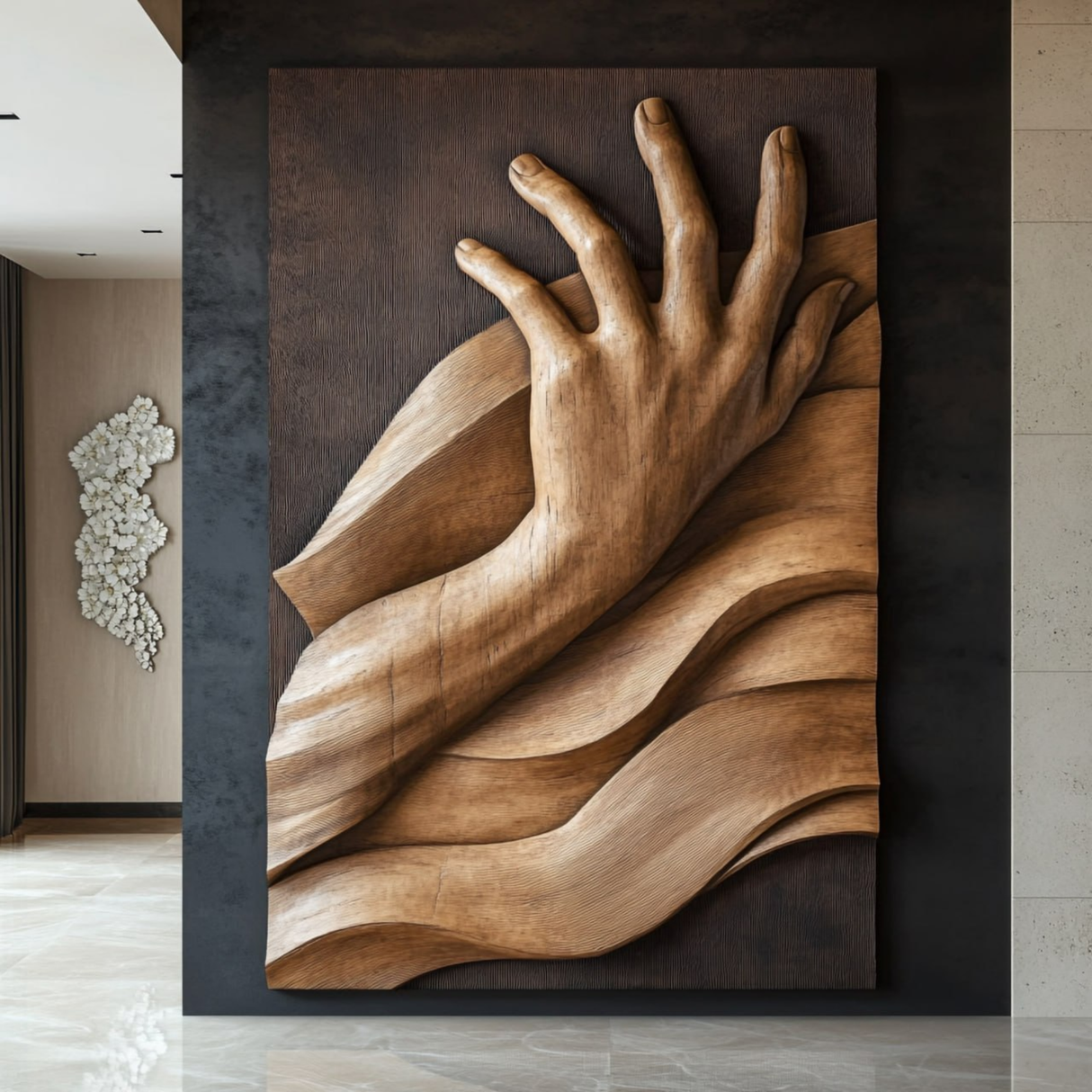 Hand-Carved Solid Wood Wall Sculpture with Reaching Hand Relief and Flowing Wave Form