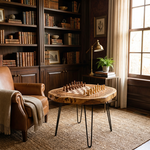 Handcrafted Solid Wood Chess Table with Live Edge Top and Hairpin Legs