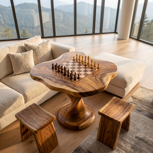 Handcrafted Solid Wood Chess Table with Organic Freeform Top and Sculptural Pedestal Base