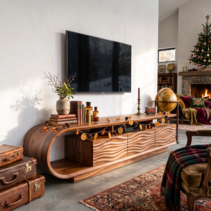 TV Stand with Curved Waterfall Side and Carved Wave Storage Cabinet
