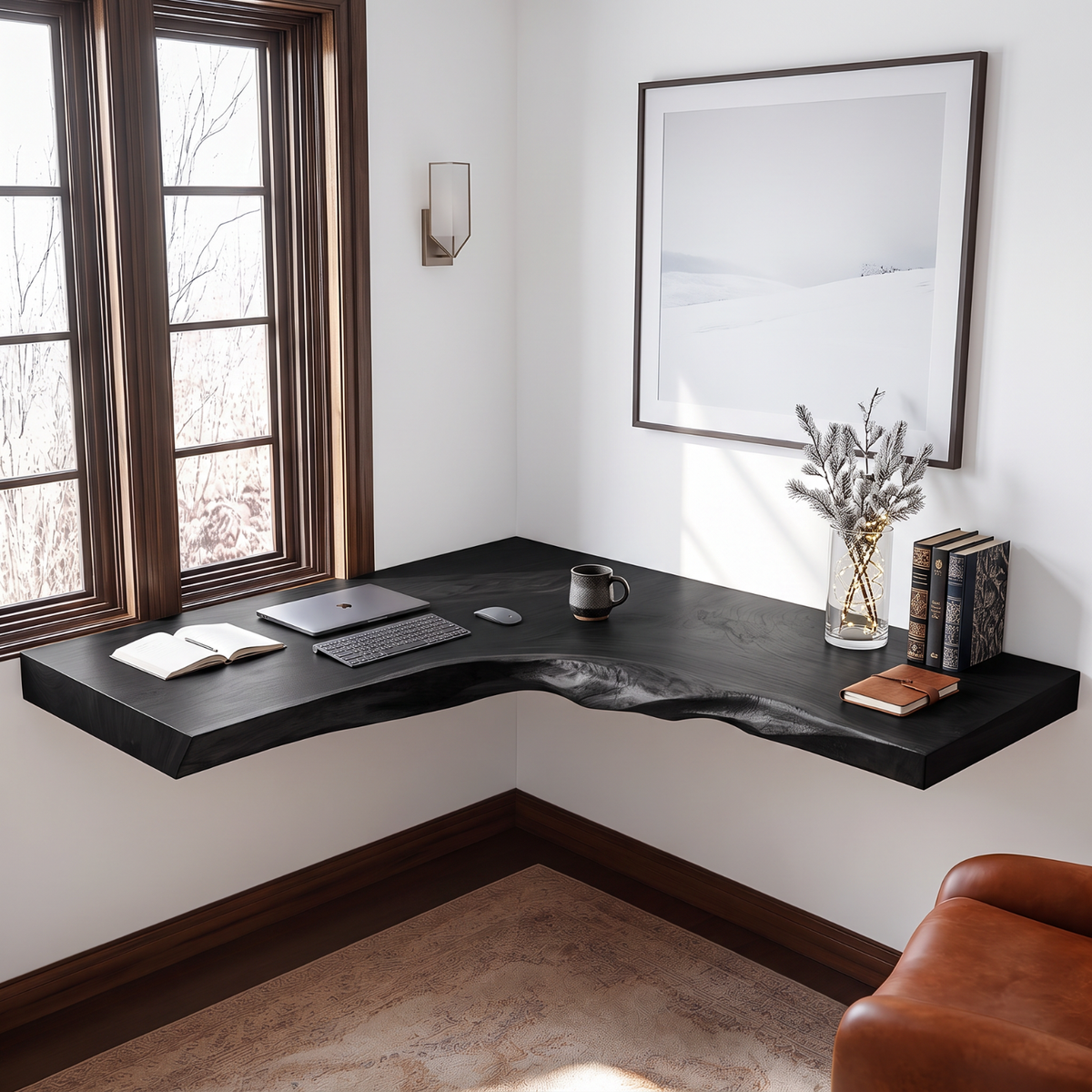 Live Edge Solid Wood Floating Corner Desk with Organic L Shaped Design