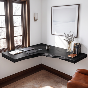 Live Edge Solid Wood Floating Corner Desk with Organic L Shaped Design