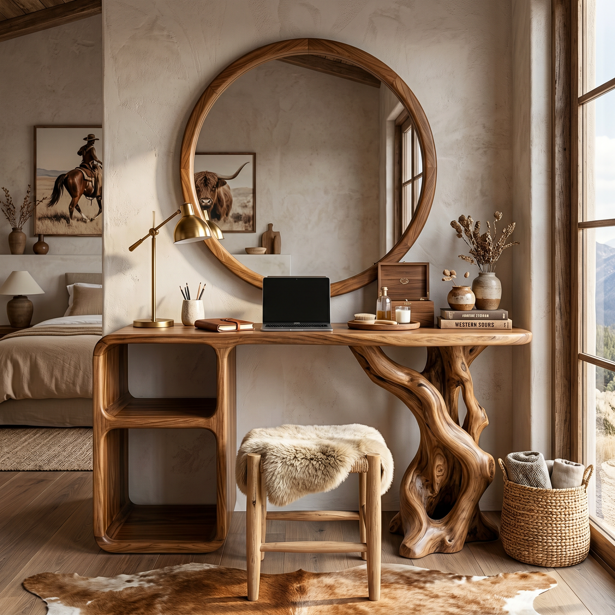 Sculptural Solid Wood Vanity Table with Organic Carved Base and Open Shelf Storage