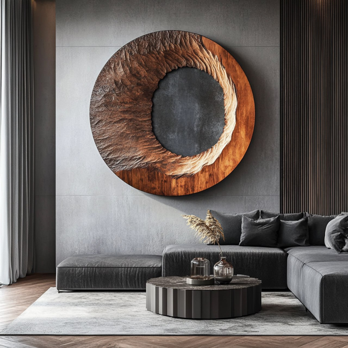 Handcrafted Solid Wood Ring Wall Art with Radial Carved Texture and Dark Inner Opening