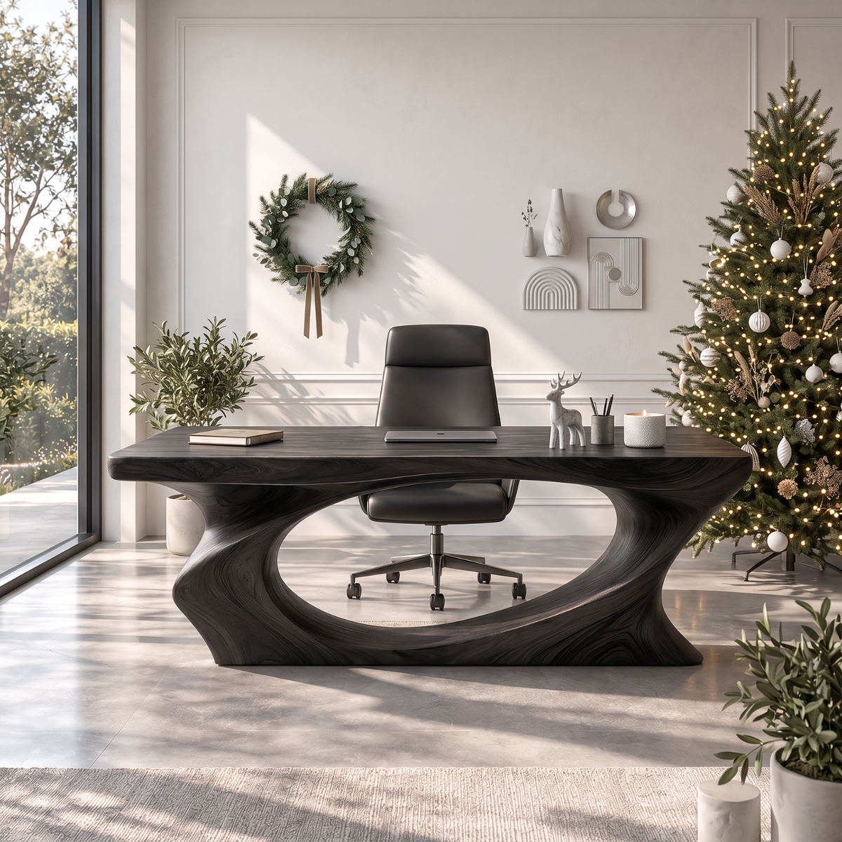 Sculptural Solid Wood Executive Desk with Organic Open Loop Base