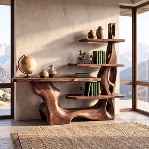 Sculptural Solid Wood Console Table with Tiered Shelving Organic Entryway Table