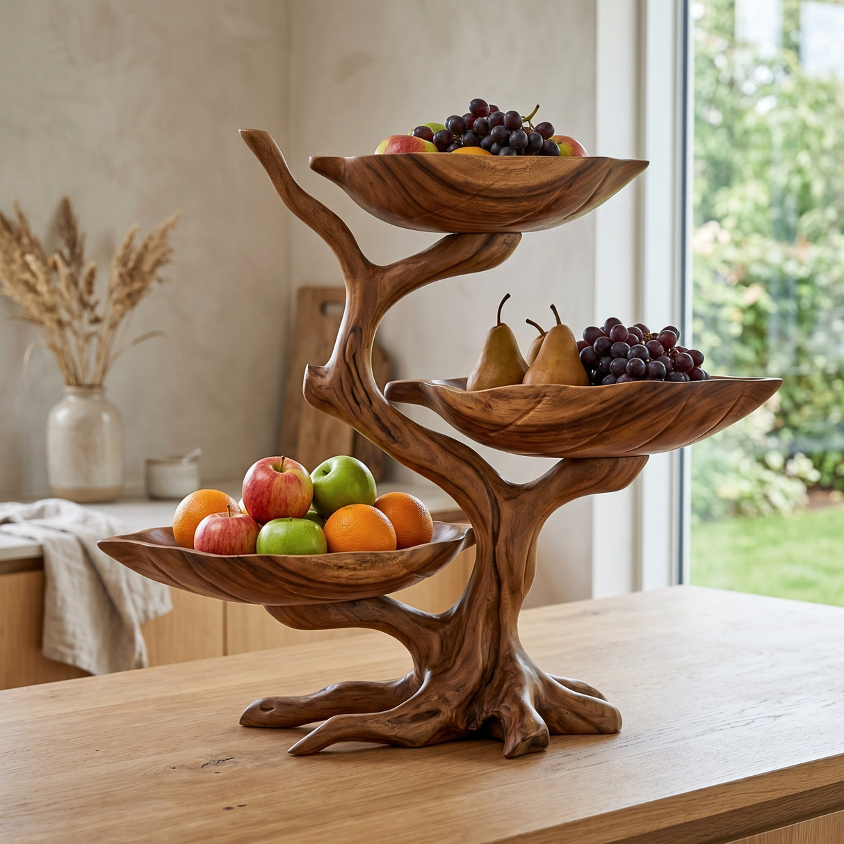 Solid Wood Three-Level Fruit Display Bowl with Organic Branch Pedestal