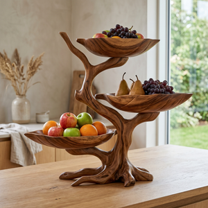 Solid Wood Three-Level Fruit Display Bowl with Organic Branch Pedestal