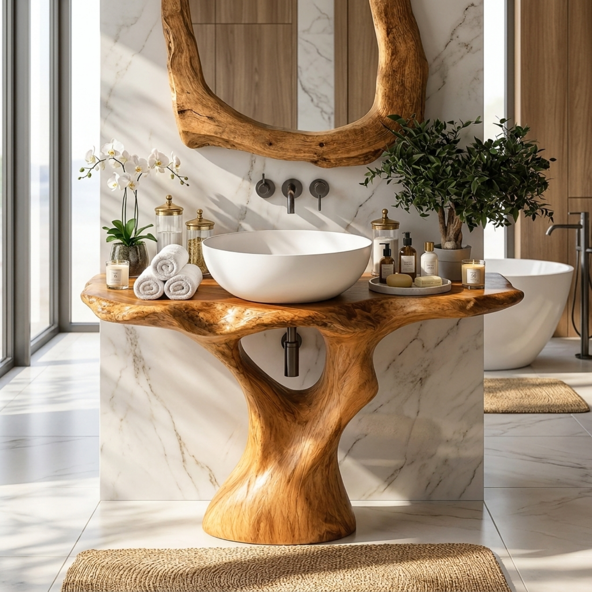 Bathroom Vanity Solid Wood with Sculptural Branching Pedestal for Modern Bathroom