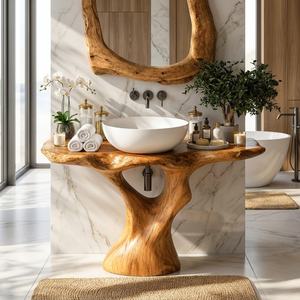 Bathroom Vanity Solid Wood with Sculptural Branching Pedestal for Modern Bathroom