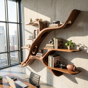 Organic Solid Wood Wall Shelf with Branch Inspired Display Design