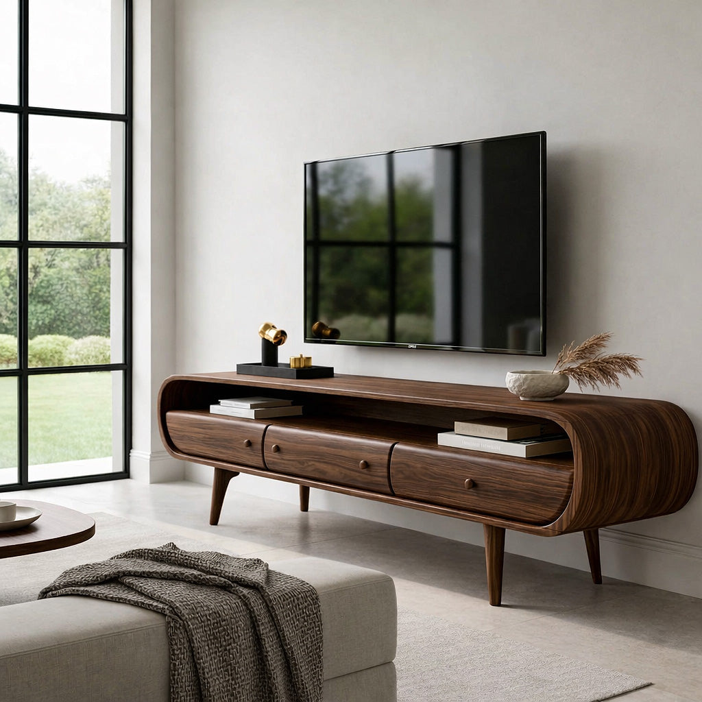 Mid-Century Solid Wood TV Console with Curved Frame