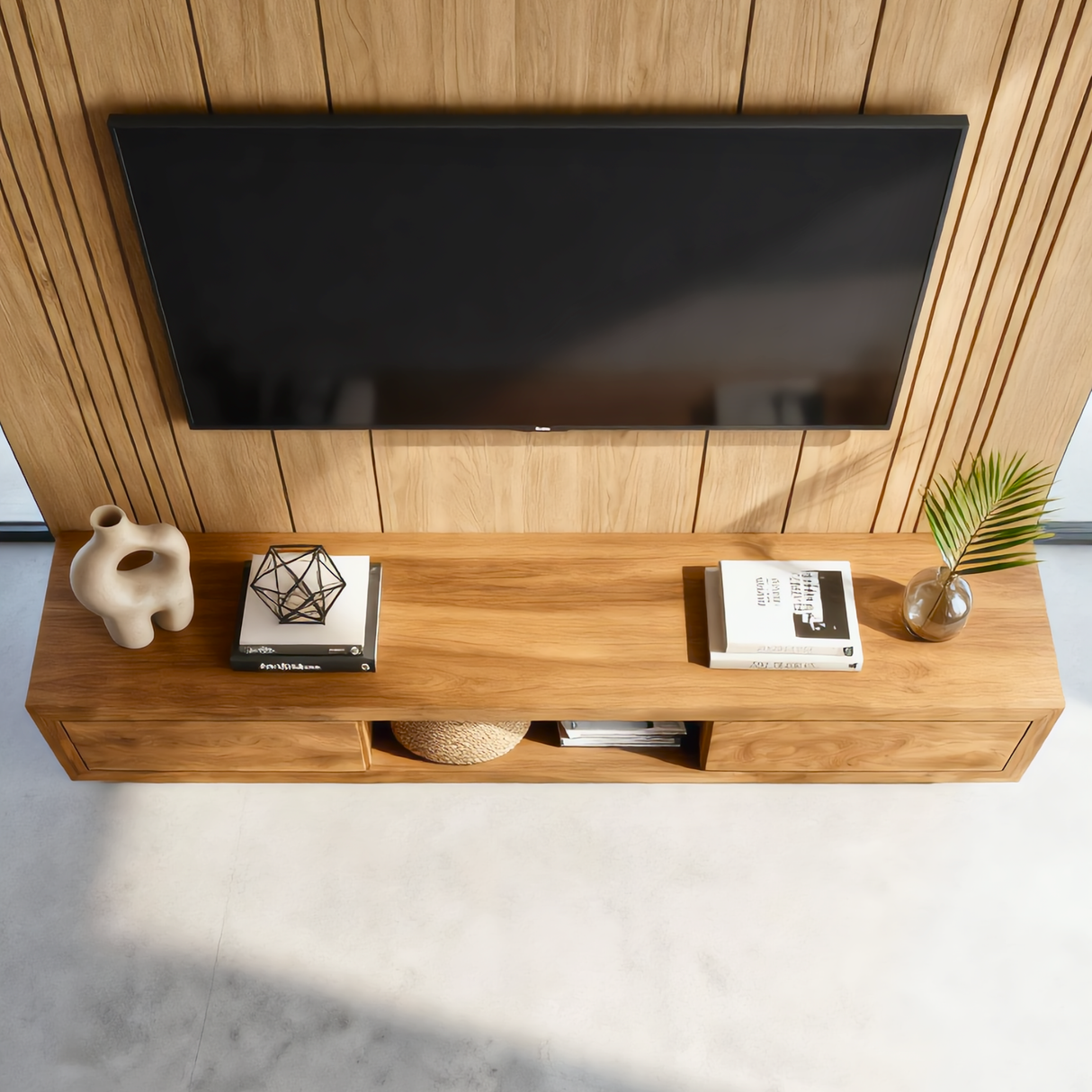 Solid Wood Low Profile TV Cabinet with Open Center Shelf