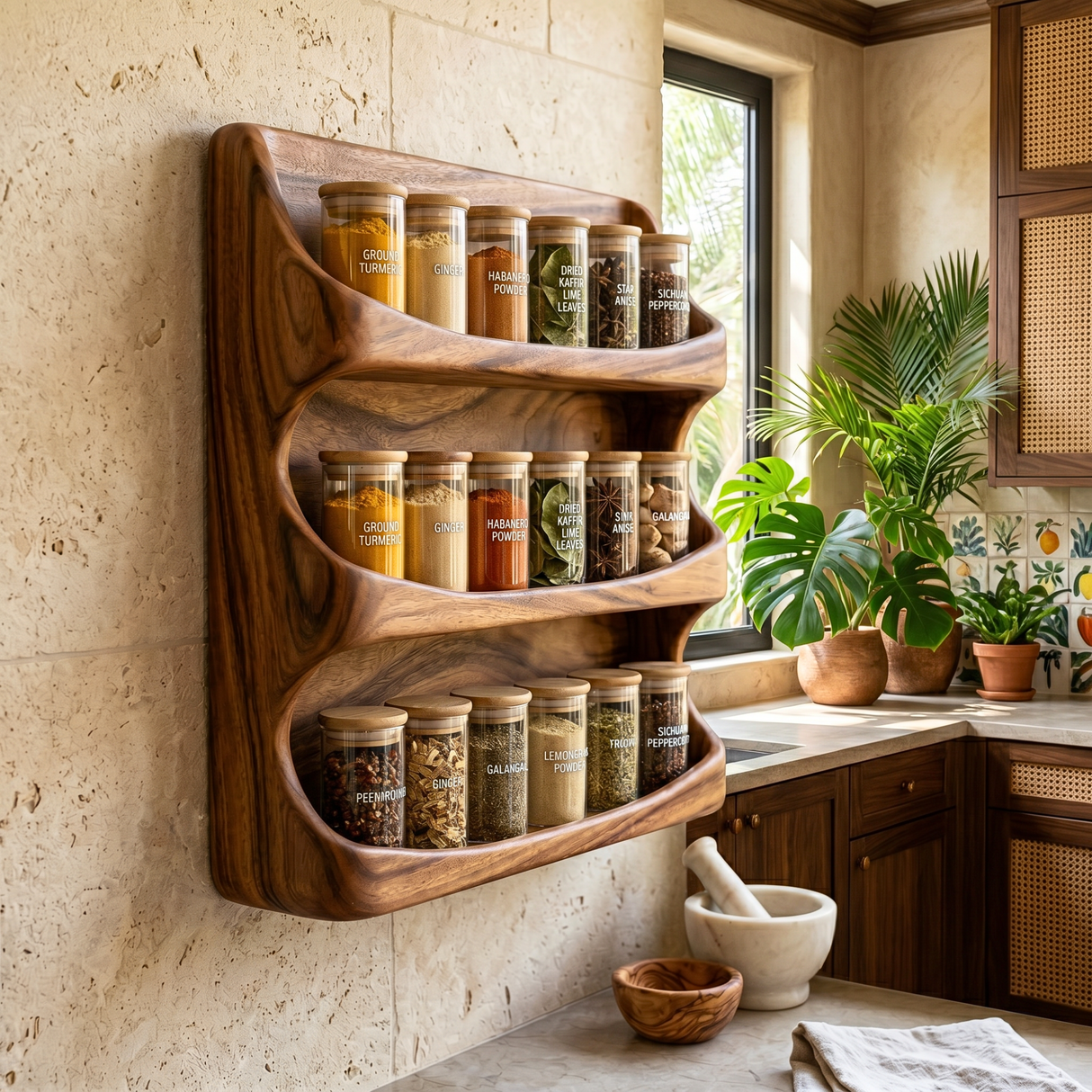 Handcrafted Wooden Wall Spice Rack with Flowing Wave Shelves for Kitchen Storage