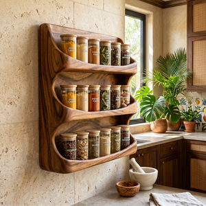 Handcrafted Wooden Wall Spice Rack with Flowing Wave Shelves for Kitchen Storage