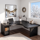 Live Edge Solid Wood L Shaped Desk with Built In Bookshelf Storage