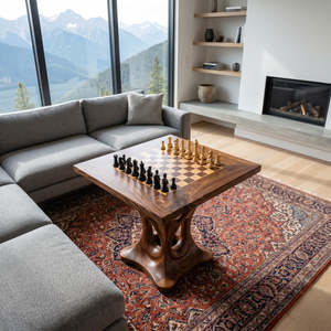 Handcrafted Solid Wood Chess Table with Sculptural Open Pedestal Base