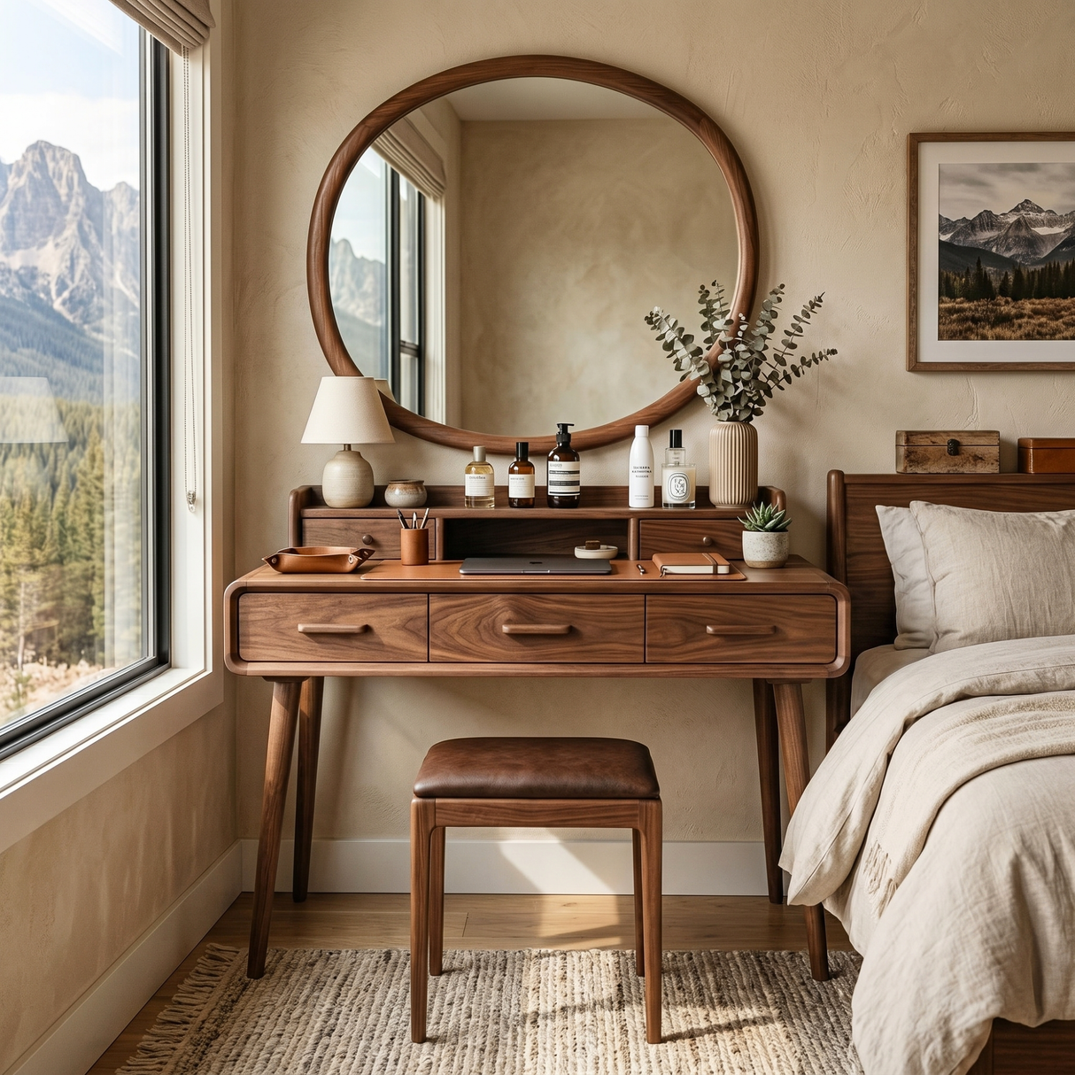 Solid Wood Makeup Vanity Table with Tiered Organizer Hutch and Three Storage Drawers