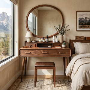 Solid Wood Makeup Vanity Table with Tiered Organizer Hutch and Three Storage Drawers