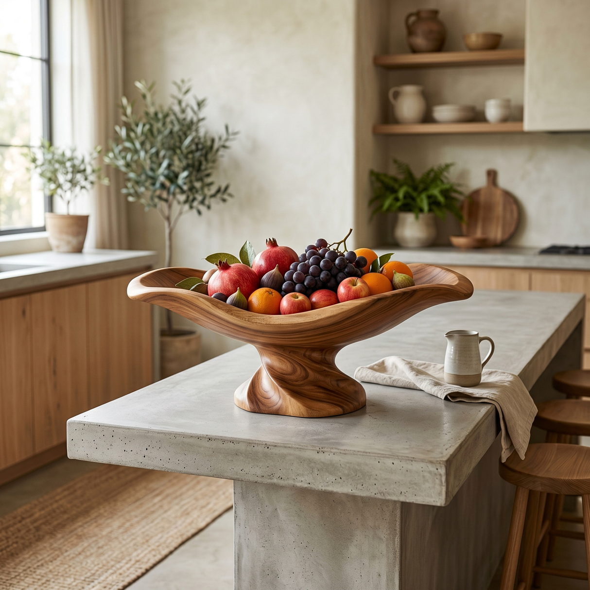 Handcrafted Wood Fruit Centerpiece Bowl with Wavy Rim and Sculpted Pedestal Base