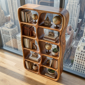 Sculptural Solid Wood Bookshelf with Organic Open Niches