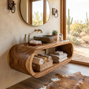 Organic Solid Wood Floating Bathroom Vanity with Sculptural Curved Form