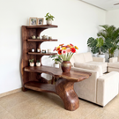 Organic Sculptural Solid Wood Console Table with Asymmetrical Shelving Artistic Freeform Console Table