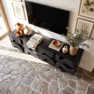 Solid Wood TV Cabinet with Sculptural Wave Relief Doors for Modern Interiors