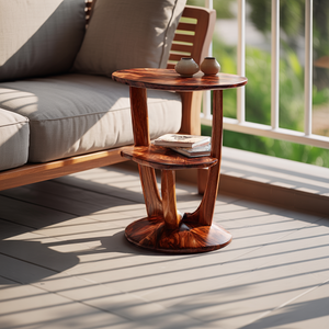 Round Solid Wood Side Table with Sculptural Base and Shelf