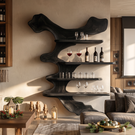 Wall Mounted Solid Wood Wine Rack with Sculptural Tree Form Shelves