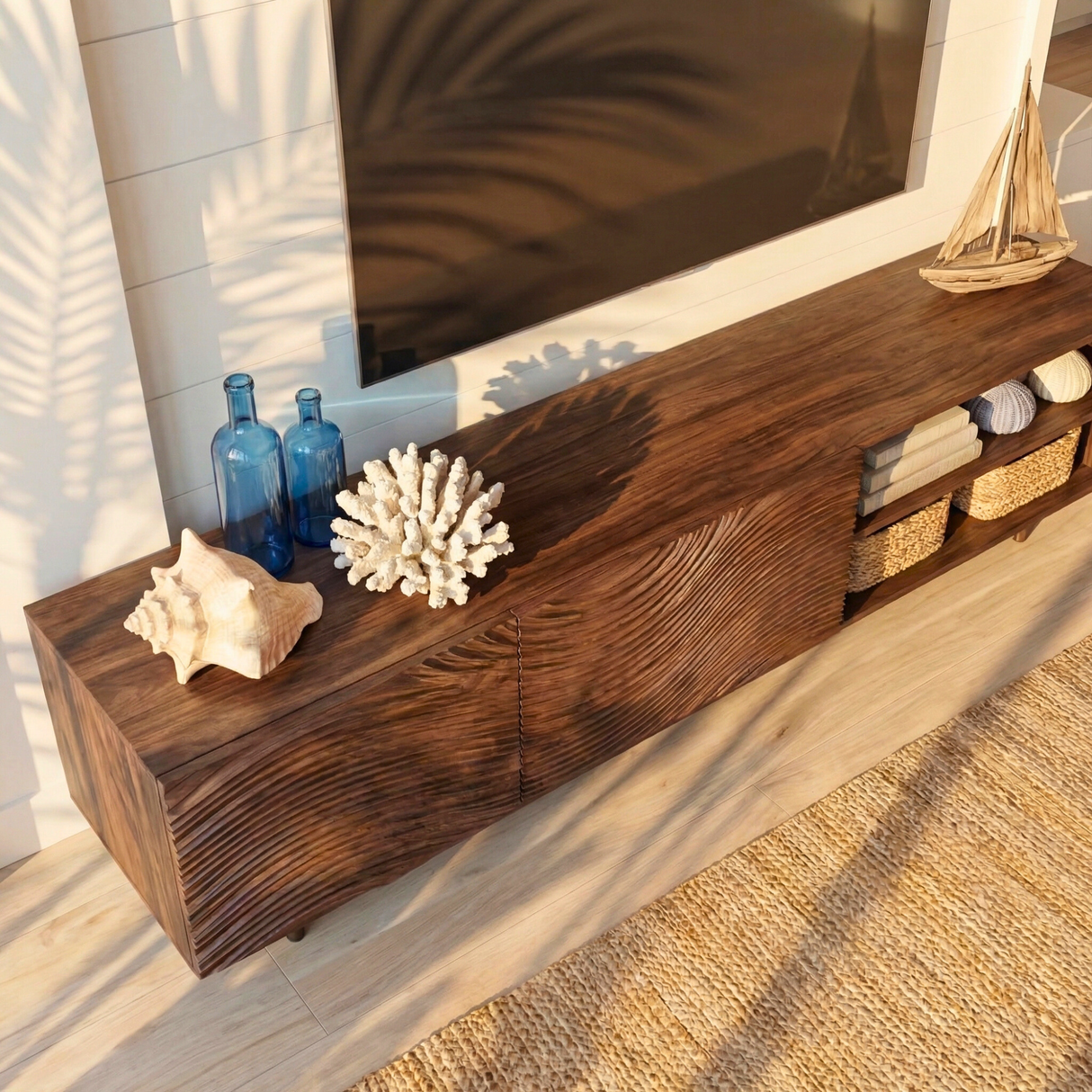 Sculptural Wood TV Cabinet with Carved Wave Front and Open Shelving, Modern Media Console.