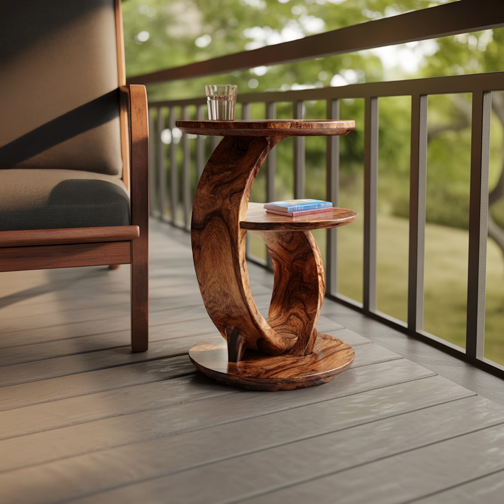 Sculptural Solid Wood Curved Side Table with Round Base