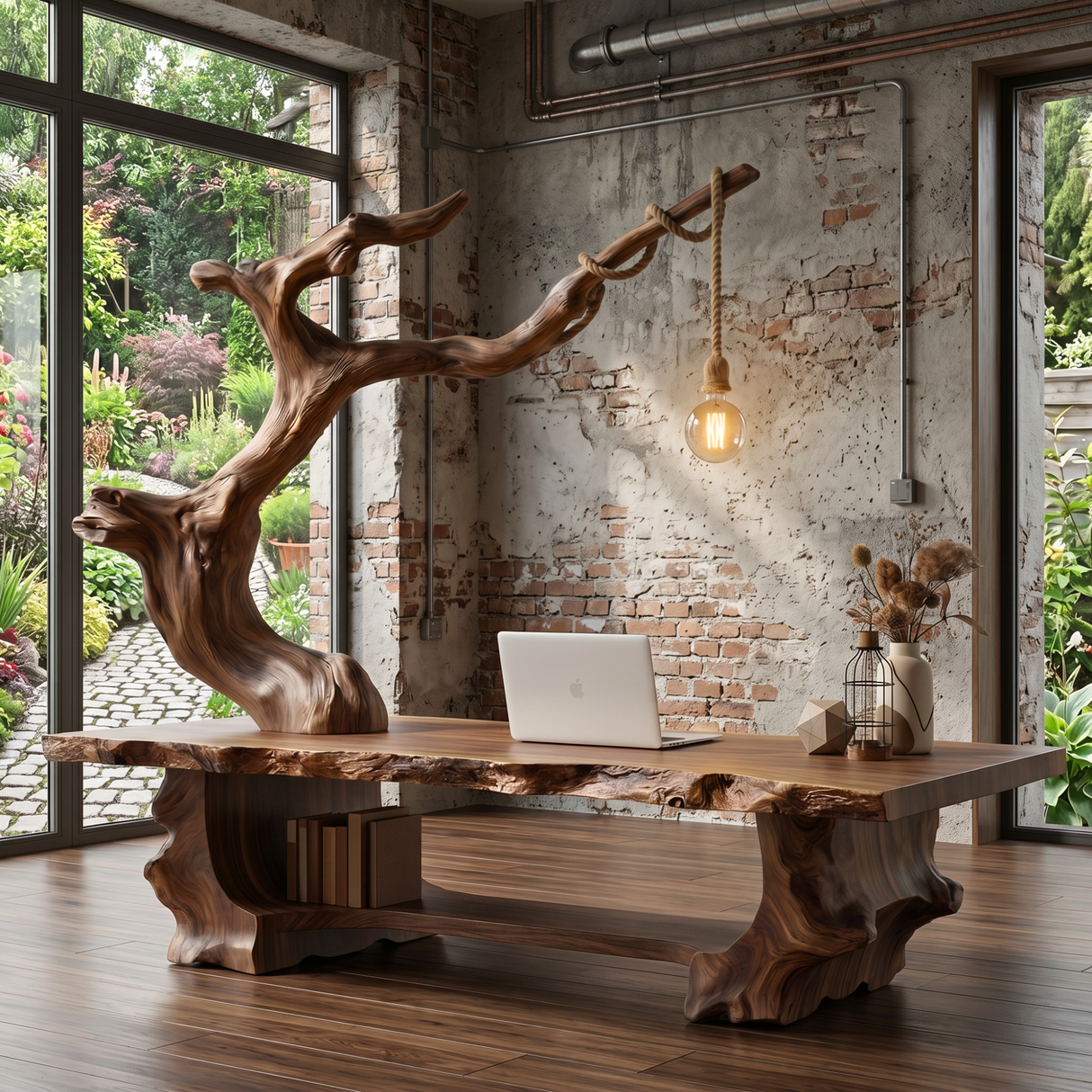 Solid Wood Sculptural Desk With Integrated Hanging Lamp Organic Modern Artistic Workspace Table