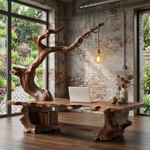 Solid Wood Sculptural Desk With Integrated Hanging Lamp Organic Modern Artistic Workspace Table
