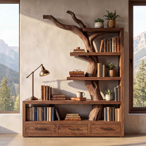 Solid Wood Bookshelf with Tree Trunk Form and Storage Drawers Organic Modern Display Shelf Unit