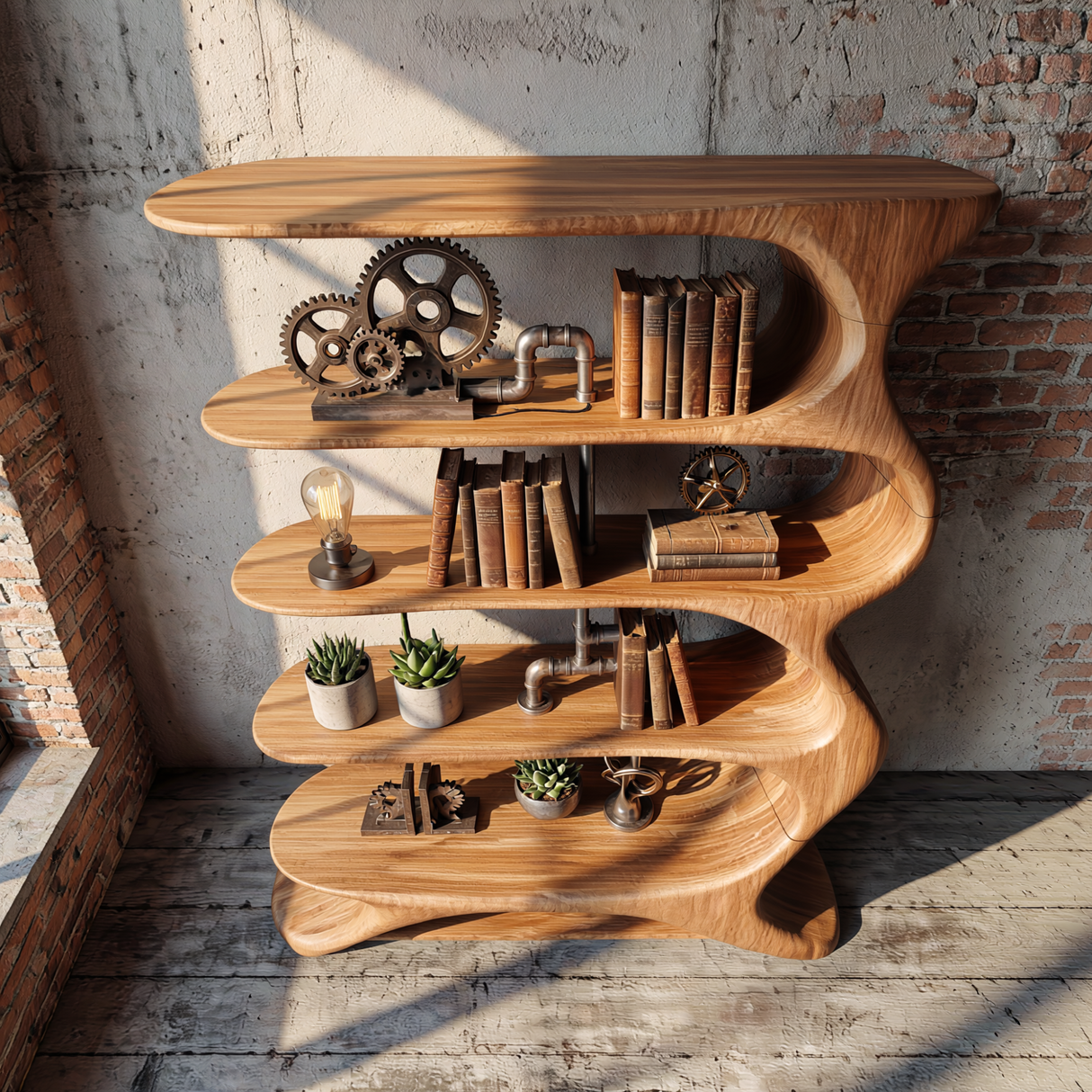 Wave Spine Wood Display Bookcase with Floating Open Shelves