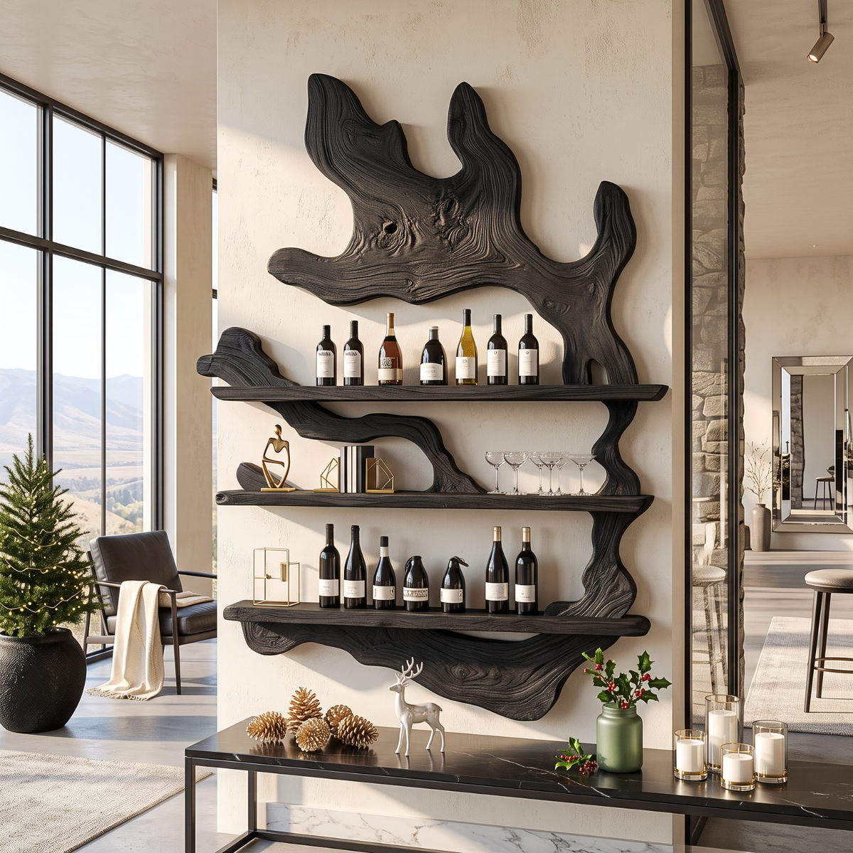 Tree Canopy Solid Wood Wall Wine Rack with Three Wine Display Shelves