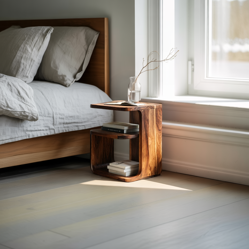 Modern Solid Wood C-Shaped End Table with Storage Shelf