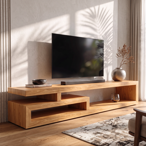 TV Console Solid Wood with Asymmetrical Open Shelf Frame for Living Room