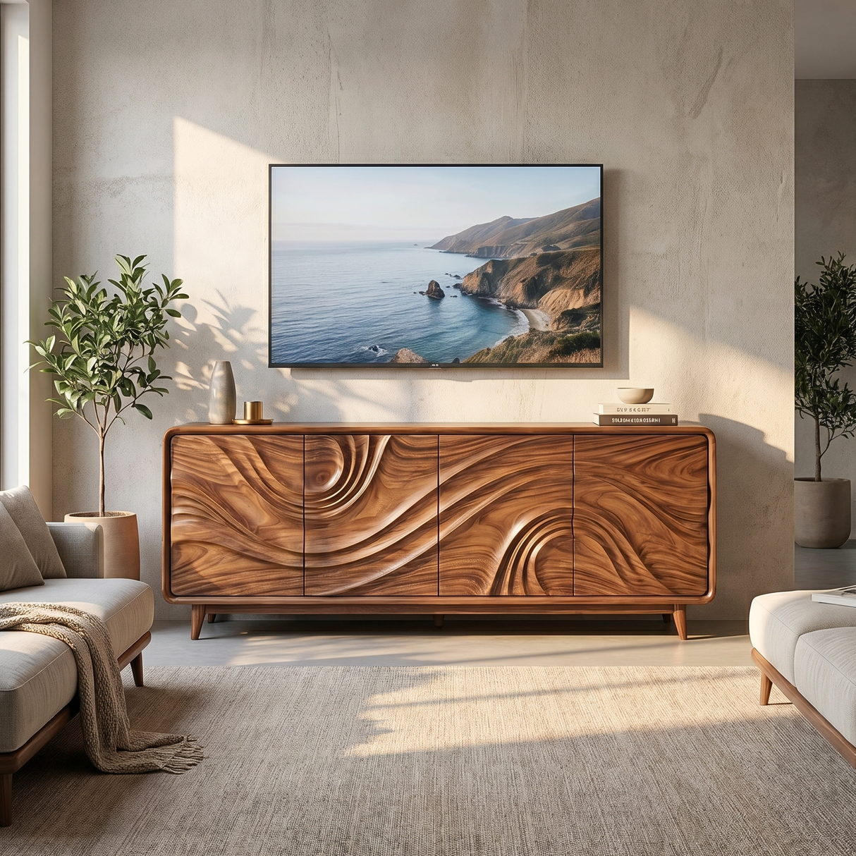 Solid Wood Four Door Media Sideboard with Sculpted Flow Front
